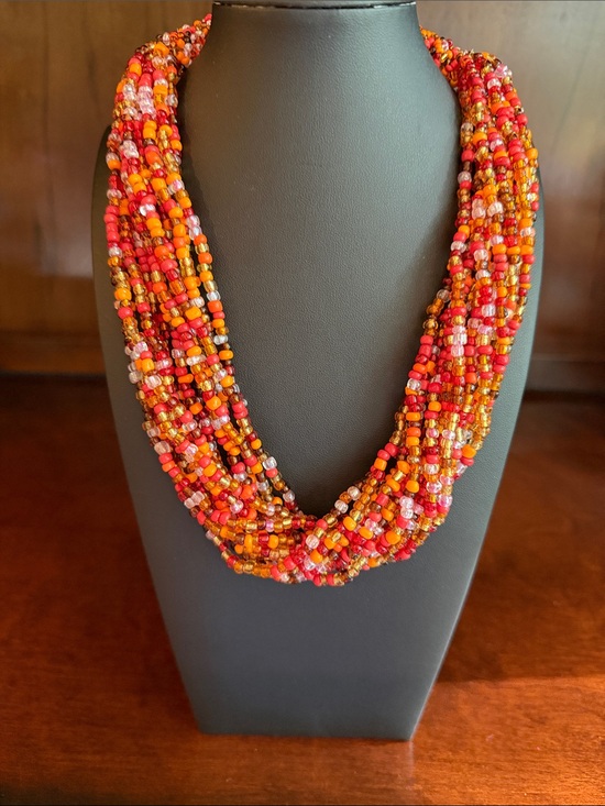 Jewelry - Multi-Strand Seed Bead Necklace in Red & Orange